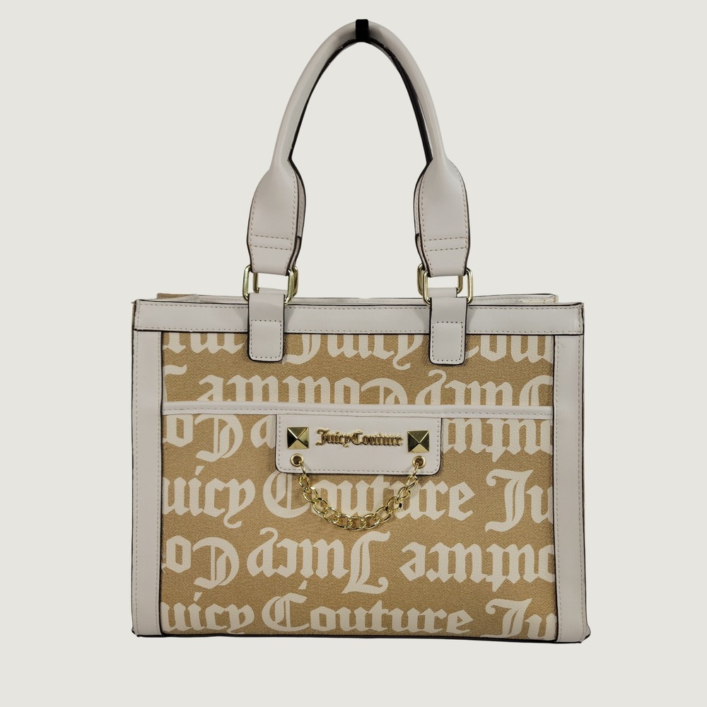 Juicy Couture Satchel Bag Women Medium Tan White Logo Chain Detail with Strap